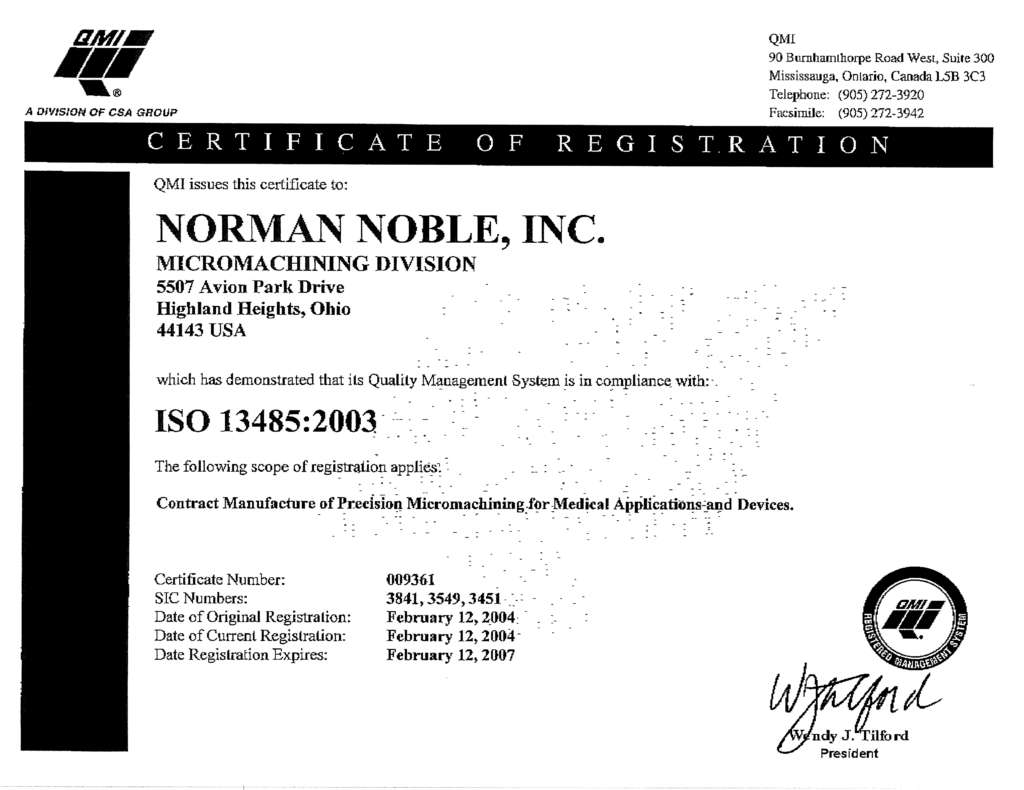 Norman Noble ISO Certificate 2004